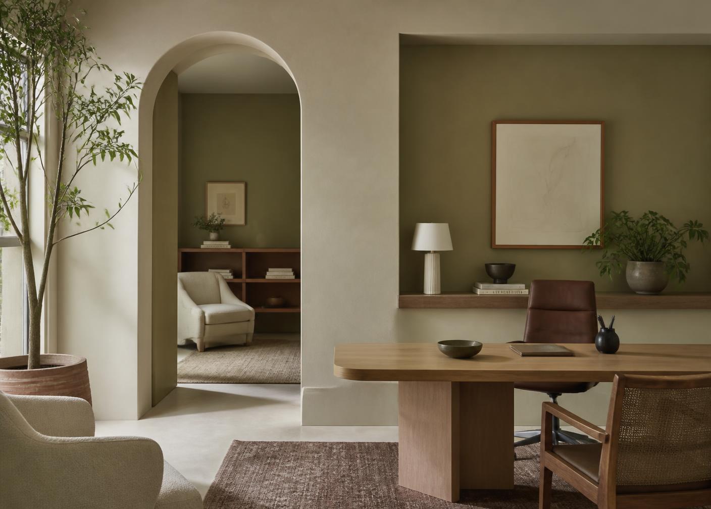 Consultório contemporâneo com arco arquitetônico, mesa de madeira e plantas